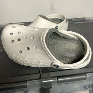 White fuzzy crocs, size 9